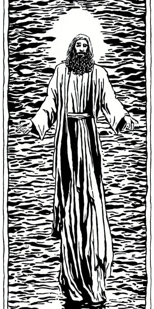 Image similar to jesus walking on water, drawing by alan moore,