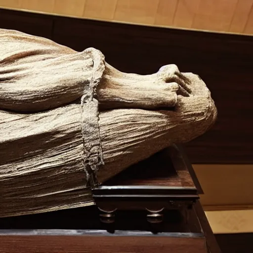 Image similar to beethoven's mummified corpse in a casket, close up shot.