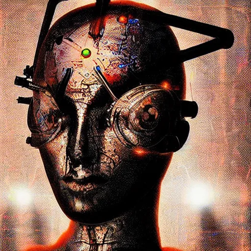 Image similar to a spiritually awakened cyborg wants to help humans free themselves from the chains of mental slavery and authoritarian politicians, surreal technological conceptual art magical cybernetic realism horror visions distopic and utopic art and the same time