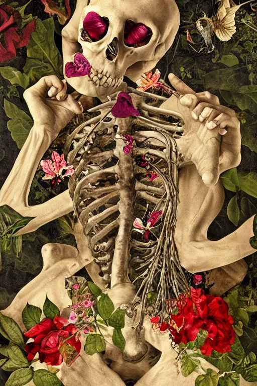 Prompt: a man lying in flowers and bones, he has large eyes and lips and feels an existential dread of love, surrounded by IV bags, HD Mixed media collage, highly detailed and intricate, surreal illustration in the style of Caravaggio, baroque dark art