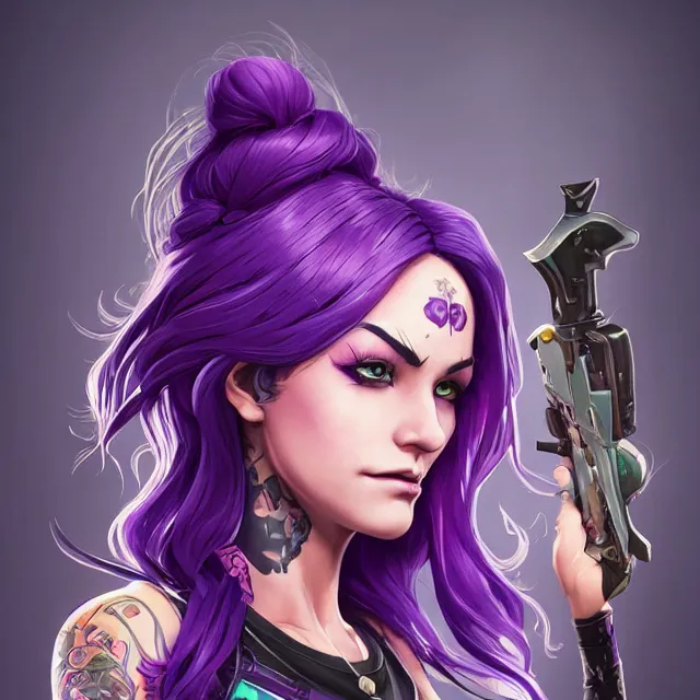 Image similar to beautiful female purple hair with dagger tattoo symmetrical face eyes full length fantasy art apex fortnite Video game icon, 2d game art gta5 cover , official fanart behance hd artstation by Jesper Ejsing, by RHADS, Makoto Shinkai and Lois van baarle, ilya kuvshinov, rossdraws