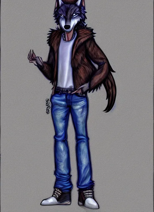 Image similar to expressive stylized master furry artist digital colored pencil painting full body portrait character study of the wolf ( sergal ) small head fursona animal person wearing clothes jacket and jeans by master furry artist blotch