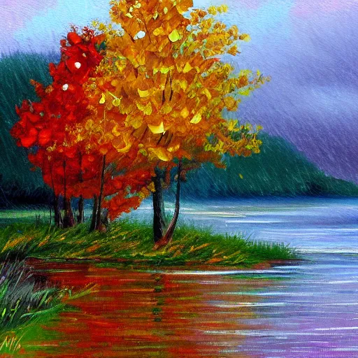 Image similar to a painting of lake in the rain, autumn, acrylic painting, very detailed, mellow, 4 k, impressionism, trending on artstation
