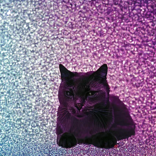 Prompt: a photo of a cat in a cloud of glitter, duochrome, calcium sodium borosilicate, f 1. 4