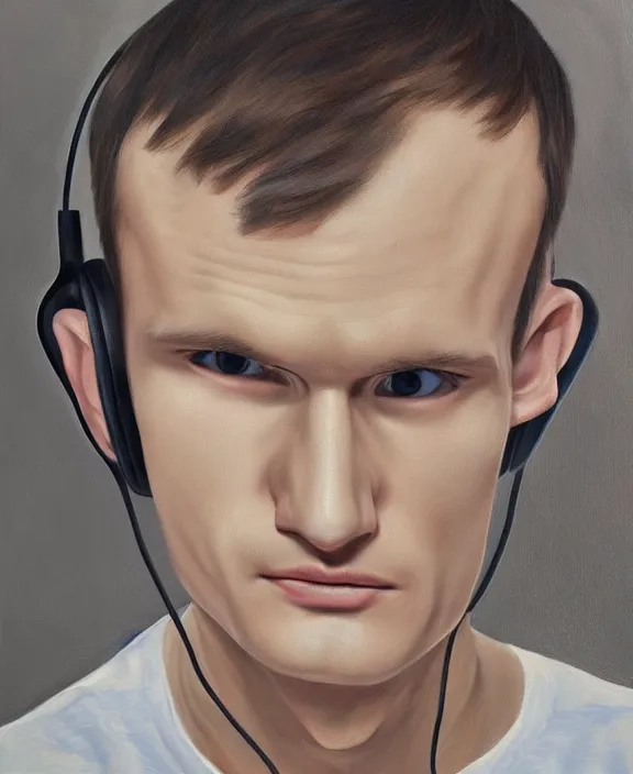 Image similar to vitalik buterin in headphones. vitalik buterin, close up, perfect symmetric face, coherent eyes, cute beautiful face, fine details., 4 k, hans zatska, oil paint