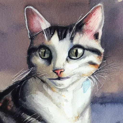 Prompt: a closeup oil portrait of an innocent, elegant cat, smiling, wearing pearl earrings, water color, by chang yu