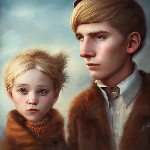 Image similar to a highly detailed portrait of a young couple from the side, holding a tin can, renote icelandic village, summer, blonde hair, muted colors, joy, by tom bagshaw, trending on artstation,