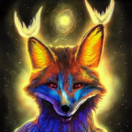 Image similar to a stylized realistic blacklight painting of an avatar of an awesome powerful cosmic horror foxfolk mage with a fox skull for a face with hummingbird feathers for fur themed around death and astronomy, in the style of dnd beyond avatar portraits, beautiful, artistic, elegant, lens flare, magical, lens flare, nature, realism, stylized, art by jeff easley