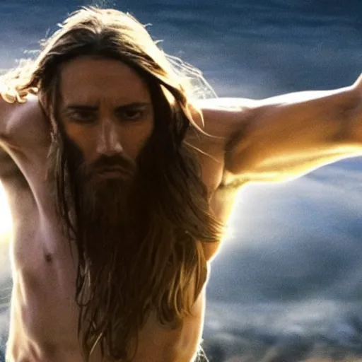 Prompt: Jesus Christ with super long hair running ,beautiful composition and shot