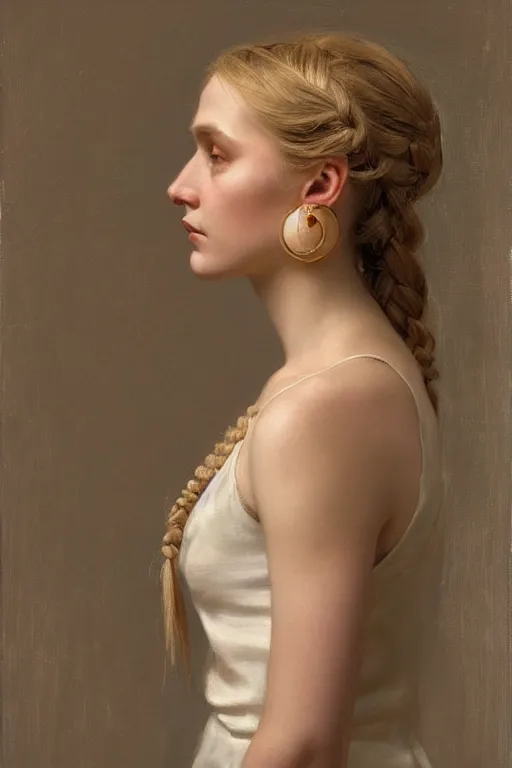 Prompt: profile of blonde girl looking down, braided hair, satin dress, round earrings, side view, before a stucco wall, soft light, jeremy lipking, serge marshennikov