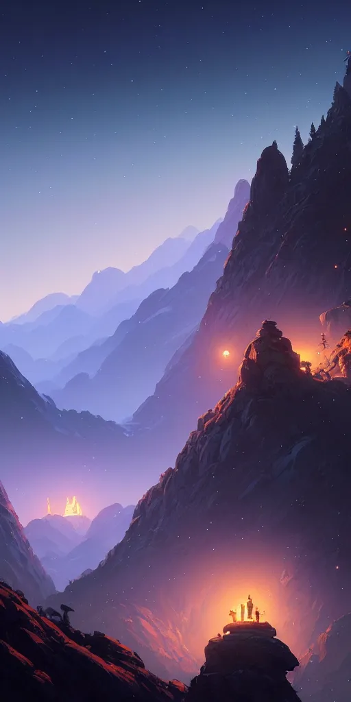 Image similar to highly detailed mountain in night, gta v, stephen bliss, unreal engine, fantasy art by greg rutkowski, loish, rhads, ferdinand knab, makoto shinkai and lois van baarle, ilya kuvshinov, rossdraws, tom bagshaw, global illumination, radiant light, detailed and intricate environment