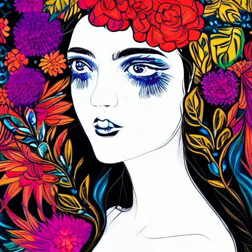 Prompt: a painting of a woman with flowers in her hair, directed gaze, digital art by james jean, featured on behance, photoillustration, behance hd, maximalist