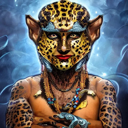 Image similar to the trickster is the god of chance and change. he is the god of adventure and excitement. the trickster is a male god, and he is usually depicted as a man wearing a leopard skin. highly detailed and intricate 8 k concept fantasy art illustration