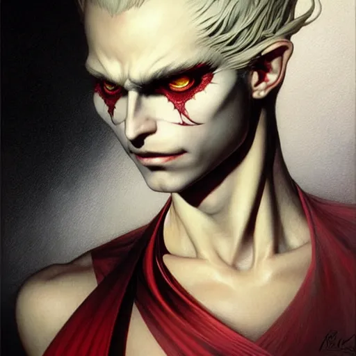 Image similar to portrait of a kefka, dark, piercing eyes, gentle expression, elegant clothing, photorealistic, highly detailed, artstation, smooth, sharp focus, art by michael whelan, artgerm, greg rutkowski and alphonse mucha