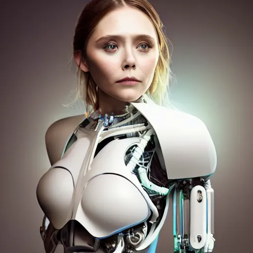 Image similar to beautiful centered Fine art photo portrait of enraptured Elizabeth Olsen as a solarpunk robotic humanoid, white mechanical parts with led lights, photorealistic, white background, highly detailed and intricate, sunset lighting, HDR 8k