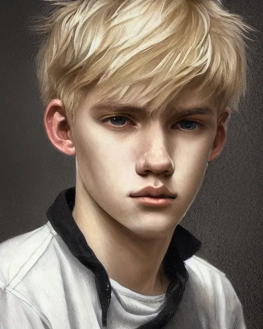 Image similar to portrait a 1 5 - year - old boy, with slender, white - blond hair, cold grey eyes, a pale complexion with sharp and pointed features, wearing black clothes, hyper realistic face, beautiful eyes, close up, fantasy art, in the style of greg rutkowski, intricate, alphonse mucha, hyper detailed, smooth