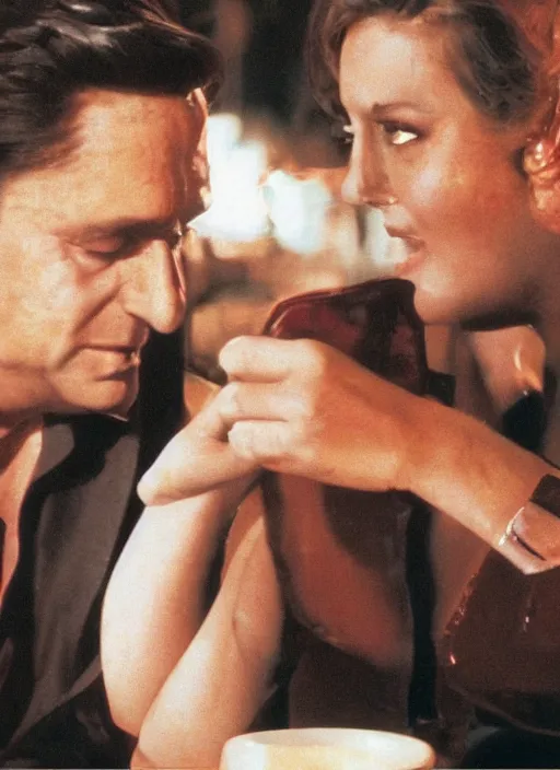 Image similar to a close - up, color cinema film still of a johnny cash talking to a beautiful hooters woman drinking whiskey at a hooters, ambient lighting at night.