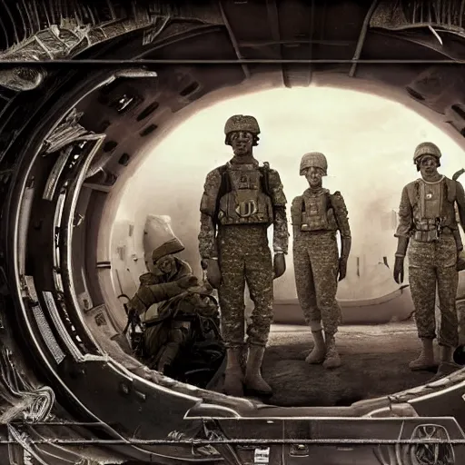 Image similar to soldiers exploring an alien base of operations, 1 9 2 0's sci - fi, deep aesthetic colors, 8 k, highly ornate intricate details, extreme detail,