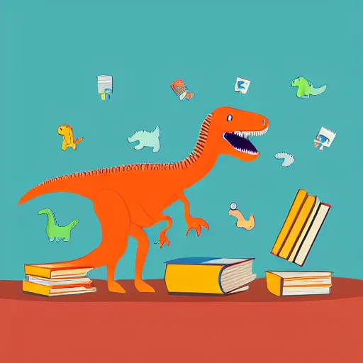 Image similar to dinosaur with books for scales, cartoon artwork, logo, clean design, minimalist