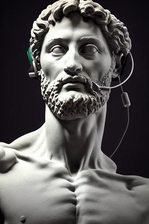 Image similar to a photo of michelangelo's sculpture of david wearing headphones djing, hyper realistic, ambient lighting, concept art, intricate, hyper detailed, smooth, dynamic volumetric lighting, octane, cinematic, high quality, high resolution, 4 k