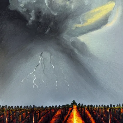 Prompt: burning vineyards in a thunderstorm, art station, ghost in the sky, detailed