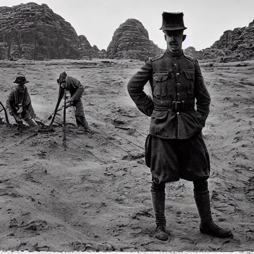 Prompt: ultra detailed photorealistic sepia - toned photograph from 1 9 1 7, a british officer in field gear standing at an archaeological dig site in wadi rum, ultra realistic, painted, intricate details, lovecraft, atmospheric, dark, horror, brooding, highly detailed, by angus mcbride