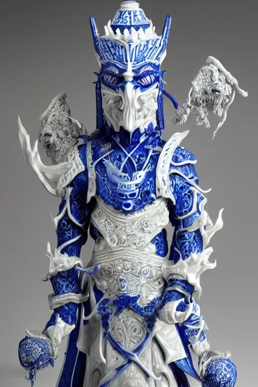 Image similar to an polished texturized sculpture of Kel'Thuzad in white and blue chinese porcelain by kris kuksi