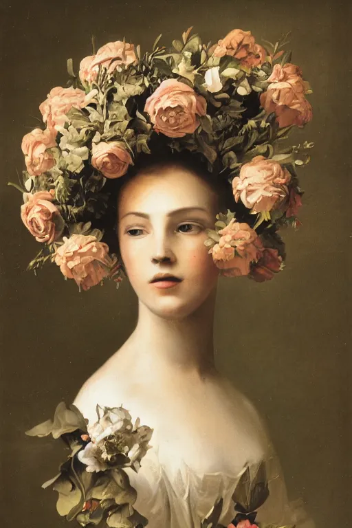 Image similar to close-up portrait of a beautiful young cyborg woman with a big flower crown, Honoré Beaumier lithography