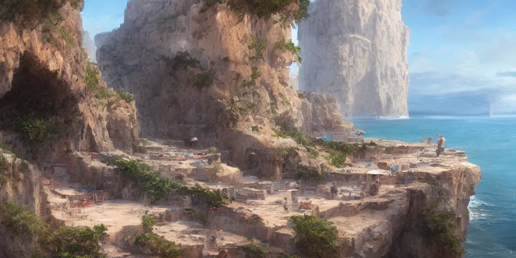 Image similar to looking out a car dash window to see the road to a mediterranean phoenician fishing village, over a chalk cliff, highly detailed, digital painting, artstation, concept art, sharp focus, illustration, art by artgerm and greg rutkowski and raphael lacoste and magali villeneuve