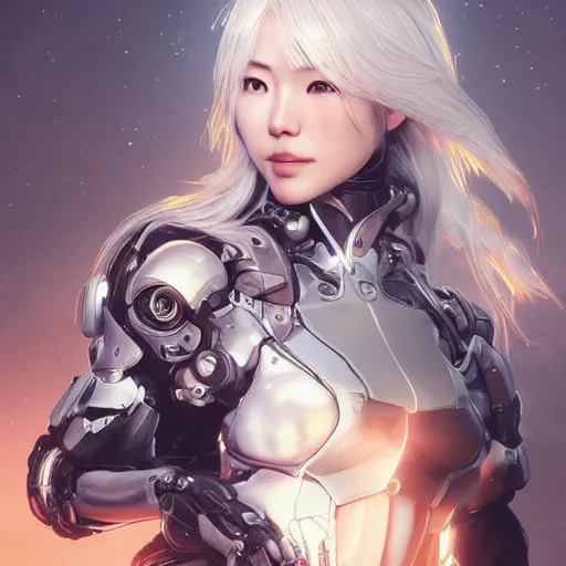 Image similar to ultra realistic illustration of cyborg song hye - kyo, warframe, intricate, nier automata, sunset, white hair, elegant, highly detailed, digital painting, artstation, concept art, smooth, sharp focus, illustration, art by artgerm and akihiko yoshida and alphonse mucha