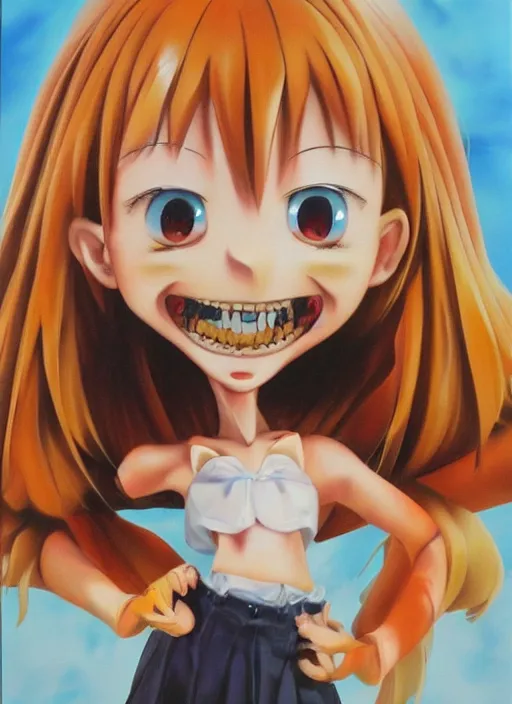 Image similar to a hyperrealistic oil painting of a kawaii anime girl figurine caricature with a big dumb grin featured on Nickelodeon by Dave McKean