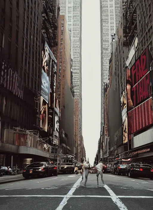 Image similar to film still, tarzan walk on the street of new york, symmetrical, 8 k, medium - format print, half body shot