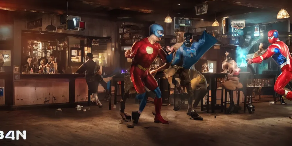 Prompt: a bar fight inside a pub between costumed super heroes, 4k, hyperrealism, photorealistic, crisp details, wide angle lens, octane render, caustics