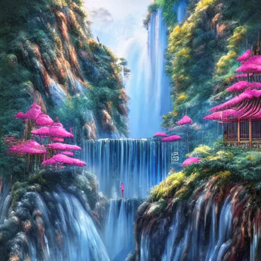 Prompt: dreamy chinese town, high waterfalls, paradise, magical, digital painting, illustration, ortographic