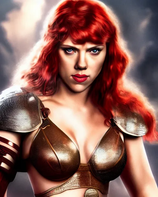 Image similar to scarlett johansson portraying a beautiful red sonja, beautiful scarlett johansson red sonja, movie, hyper realistic, hollywood promotional image, imax, 8 k