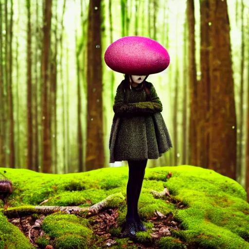 Prompt: portrait of a thin girl twiggy face in full height, elegant pose, a huge toadstool hat on her head, large eyes , the girl is standing on the edge of the forest, surrounded by colorful sparkling moss ,intense, dramatic lighting, intricate details, cinematic, high definition