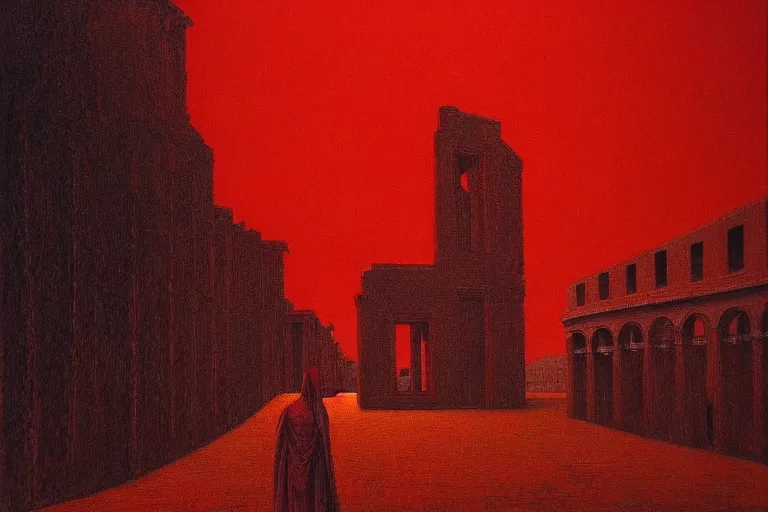 Image similar to only with red, caesar after war, the great deal, a red tiger, in hoc signo vinces, rome in background, an ancient path, in the style of beksinski, part by hopper, part by rodcenko, part by hofbauer, intricate composition, red by caravaggio, insanely quality, highly detailed, masterpiece, red light, artstation