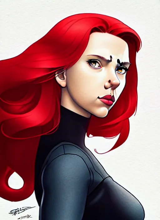 Image similar to phil noto, artgerm, pretty scarlett johansson black widow, symmetrical eyes, long red hair, full body, city rooftop