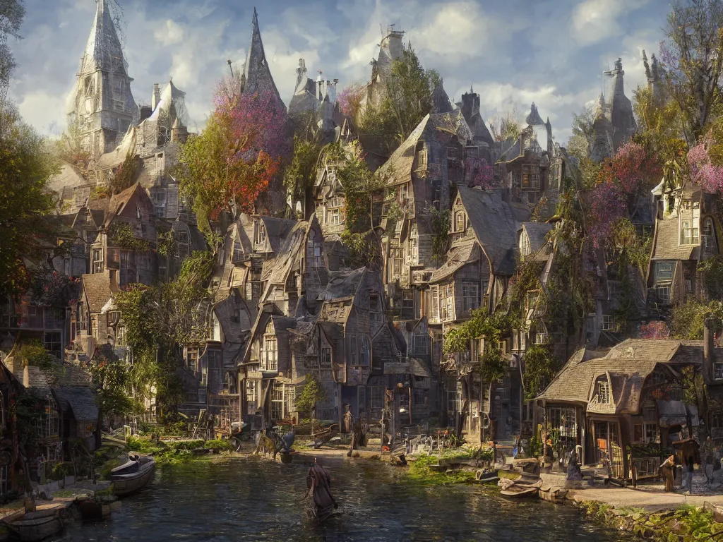 Prompt: a magical village on a slow day, inspired by victorian england and amsterdam, sunny weather, highly detailed, intricate, digital painting, trending on artstation, concept art, matte painting, art by greg rutkwowski, craig mullins, octane render, 8 k, unreal engine