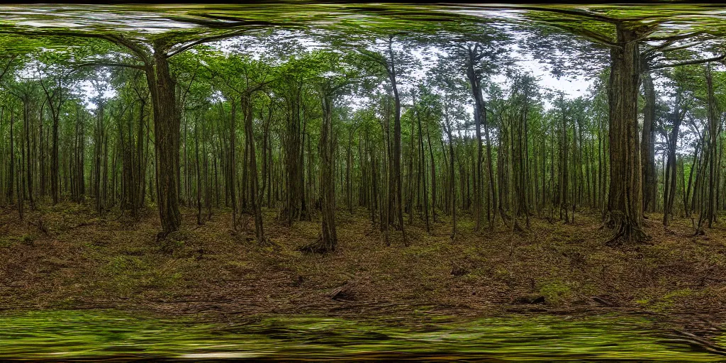 Image similar to a high quality professional 360 photograph of a scary forest