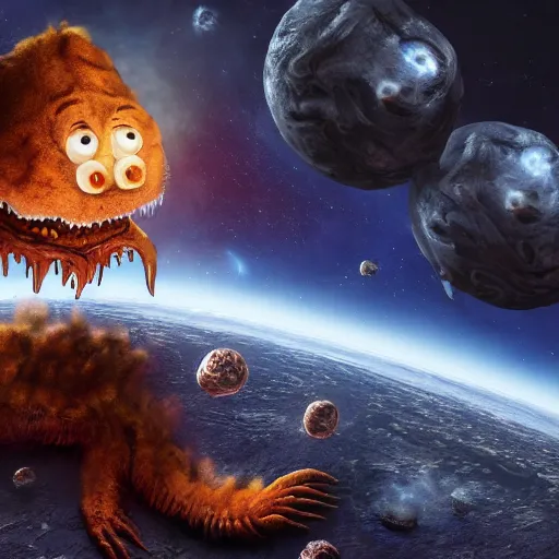 Image similar to eldritch horror bloody garfield in space, hd, 8 k, giant, epic, realistic photo, unreal engine, stars, prophecy, powerful, cinematic lighting, destroyed planet, debris, violent, sinister, ray tracing, dynamic, epic composition, dark, horrific, teeth, grotesque, monochrome drawing, hellscape