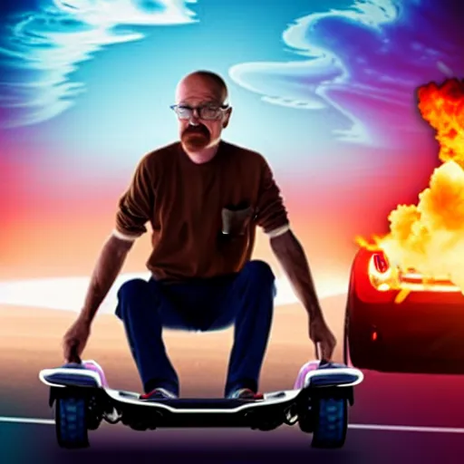 Prompt: photo of walter white on a hoverboard with an exploding car behind him, color, cinematic lighting