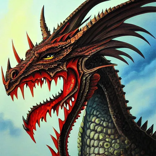 Image similar to dragon head painting, fantasy style, highly detailed, intense