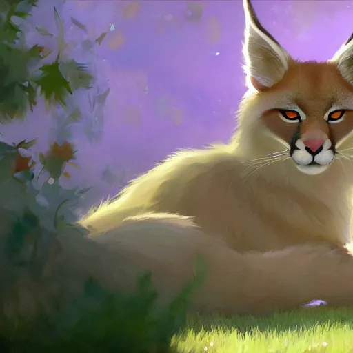 Prompt: a digital art of cute fluffy caracal at after noon, green and warm theme, by krenz cushart and mucha and akihito yoshida and greg rutkowski and makoto shinkai, long shot, back lighting, detailed eyes, 4 k resolution, trending on art station