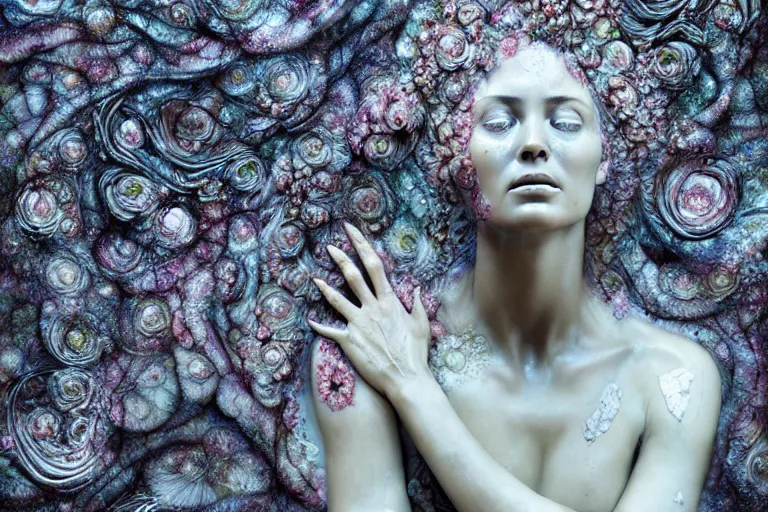 Prompt: a sculpture of a beautiful woman with flowing tears, fractal flowers on the skin, intricate, a marble sculpture by nicola samori, behance, neo - expressionism, wax sculpture, apocalypse art, made of mist, still frame from the prometheus movie by ridley scott with cinematogrophy of christopher doyle, arri alexa, anamorphic bokeh, 8 k