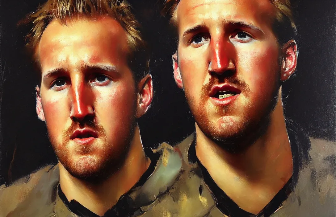 Image similar to portrait of harry kane!!!!!!!!!!!!!!!!!!!!!!!!!!!, detailed face, detailed painting, epic lighting, by ilya repin, phil hale and kent williams