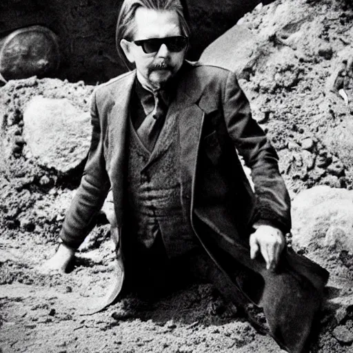 Prompt: an old worn photo of gary oldman emerging from his stone tomb