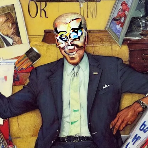 Prompt: joe biden forgets to breathe and falls over in a shop, painted by norman rockwell and tom lovell and frank schoonover