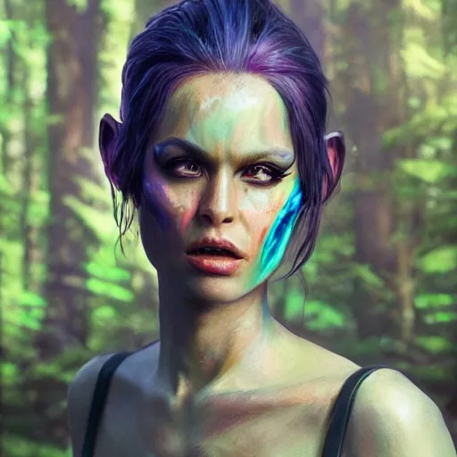 Prompt: A hyper real comic book style portait painting of a beautiful alien creature in the woods, unreal 5, hyperrealistic, octane render, cosplay, RPG portrait, dynamic lighting