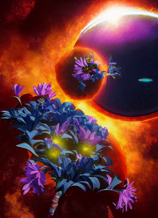 Image similar to An epic fantastic realism comic book style painting of the most beautiful flowers launched into space, bouquets, solar eclipse, fisheye, unreal 5, DAZ, hyperrealistic, octane render, dynamic lighting